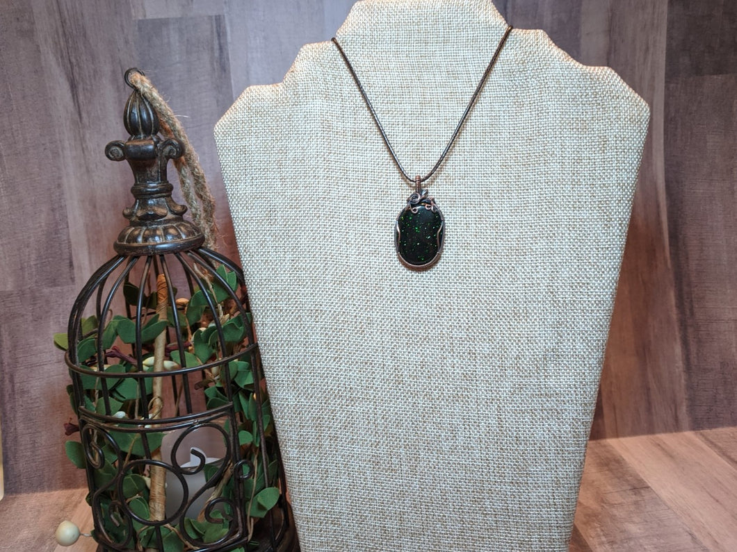 Wire Wrapped Green Goldstone Necklace